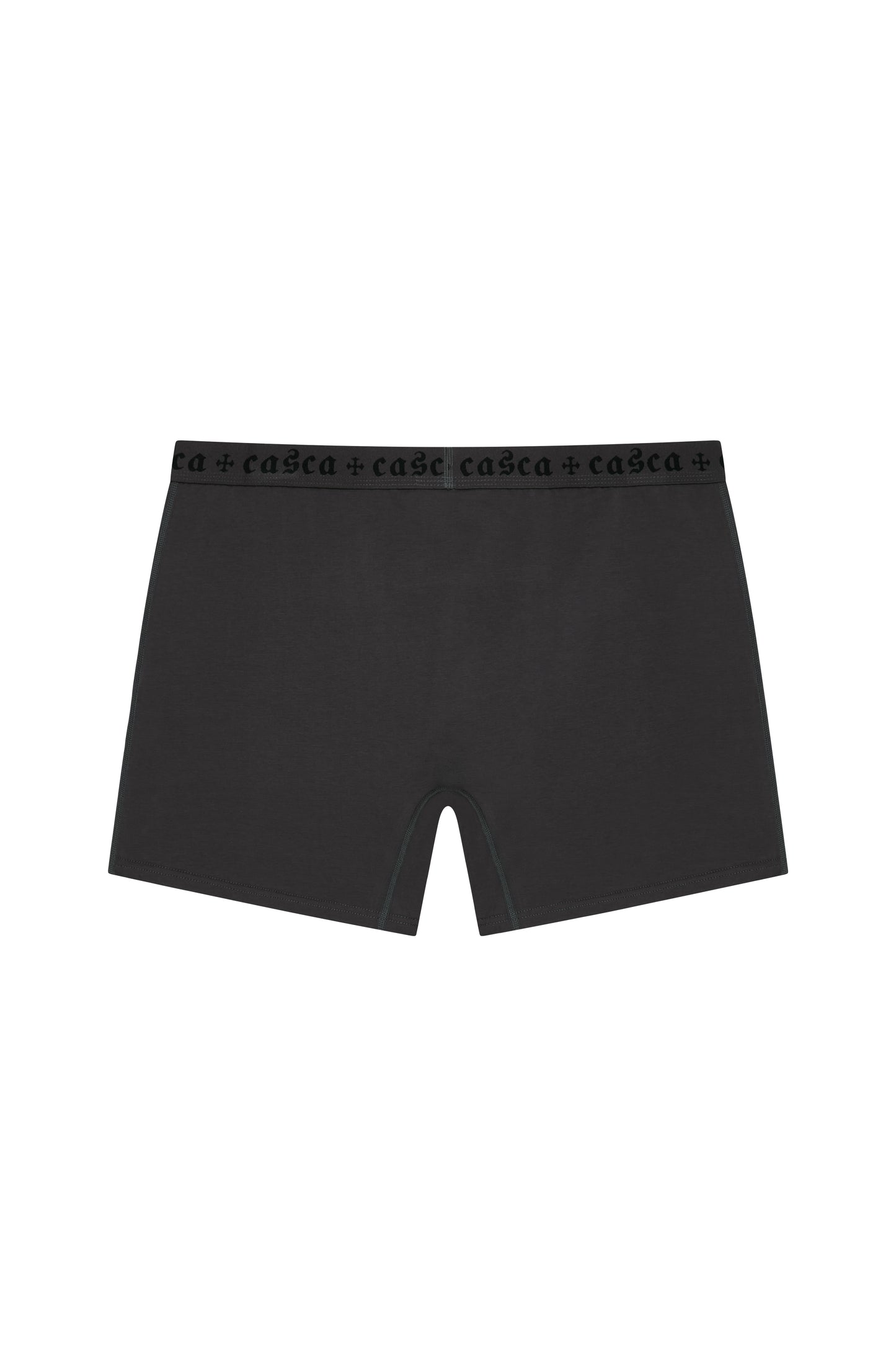 Shadow grey boxer briefs with casca logo waistband and 5-inch inseam. chrome hearts, calvin klein, skims 5" inseam shape, front