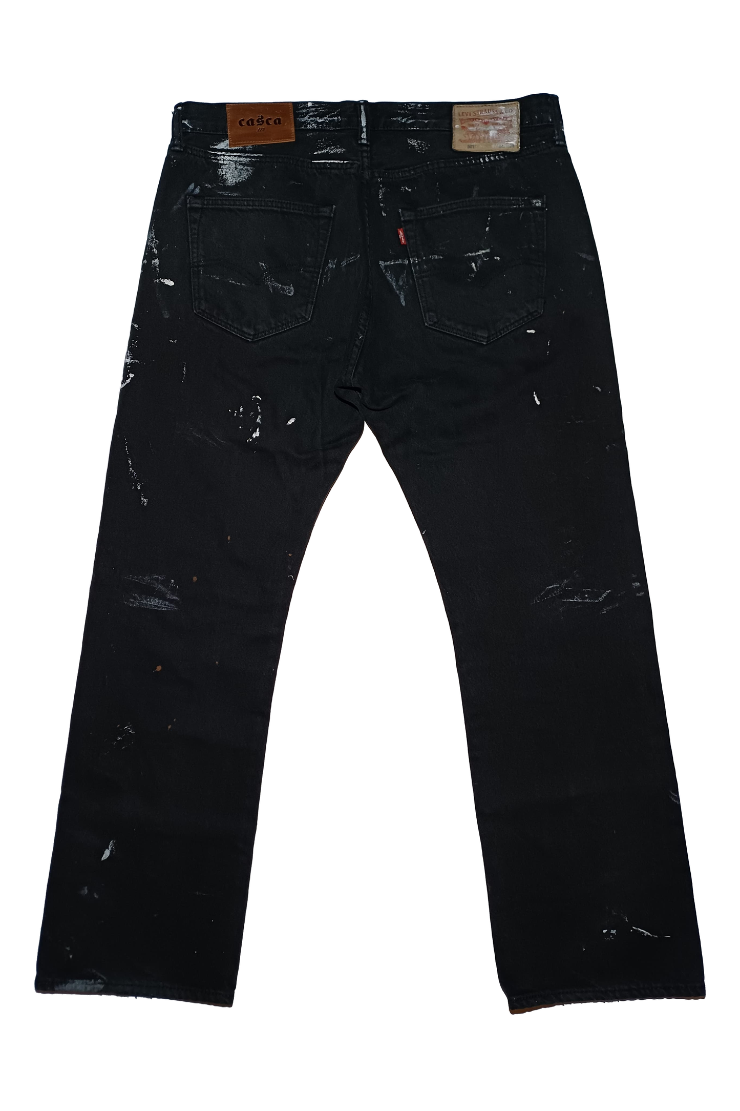 Back of black levi 501 distressed with paint splatter, know thyself embroidery, casca 222 woven label and leather label. 34 waist 30 length. Gallery Dept. Chrome Hearts.