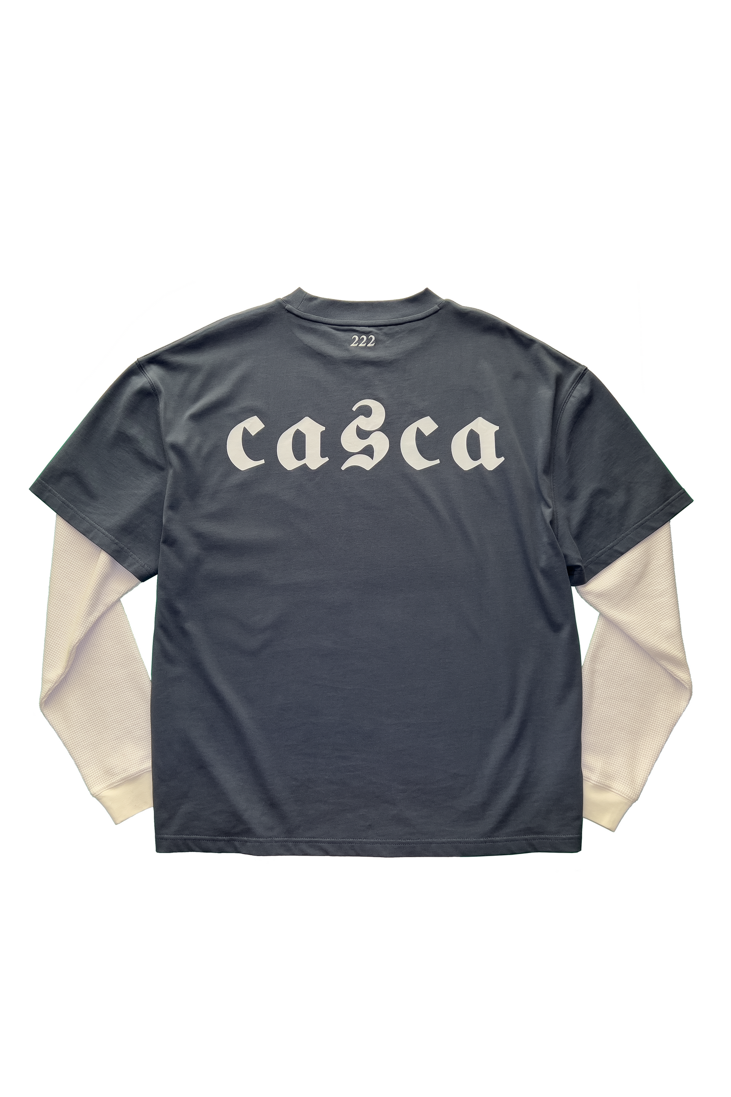 Long-sleeve shirt with washed blue body and off-white waffle texture sleeves on a white background, casca gothic font printed on back, 222 embroidered on back