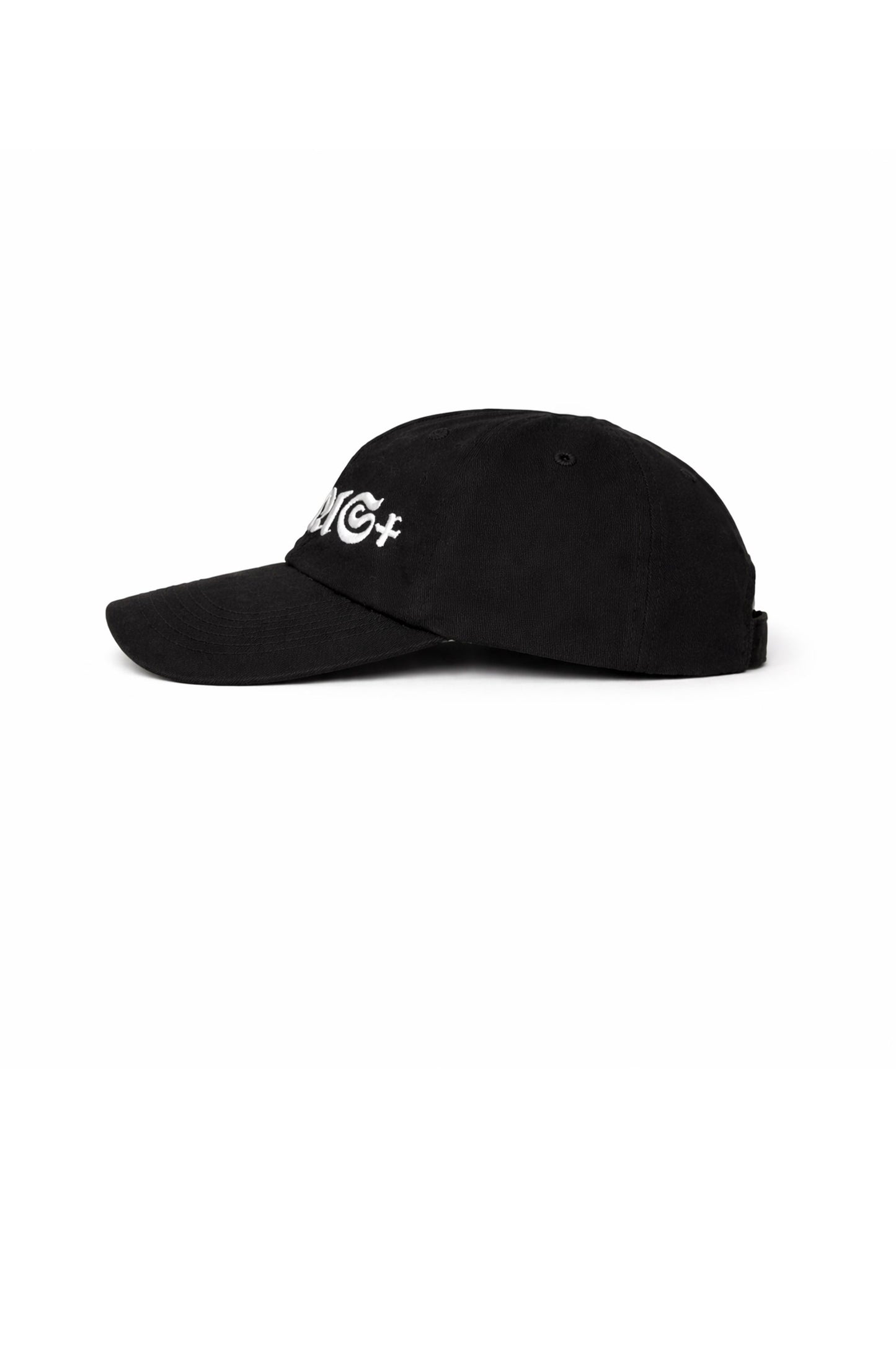 Black cap with white text on a white background