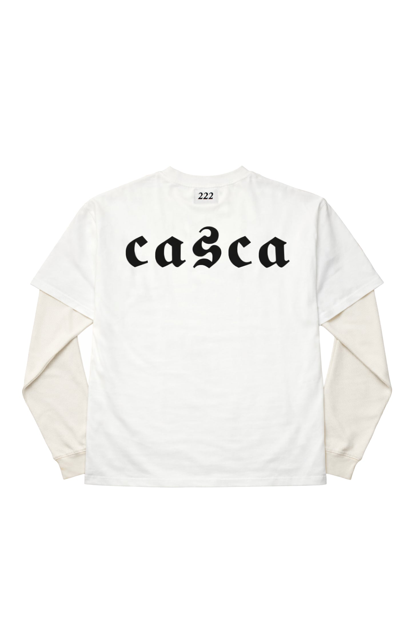 White long-sleeve shirt with 'casca' branding on a white background