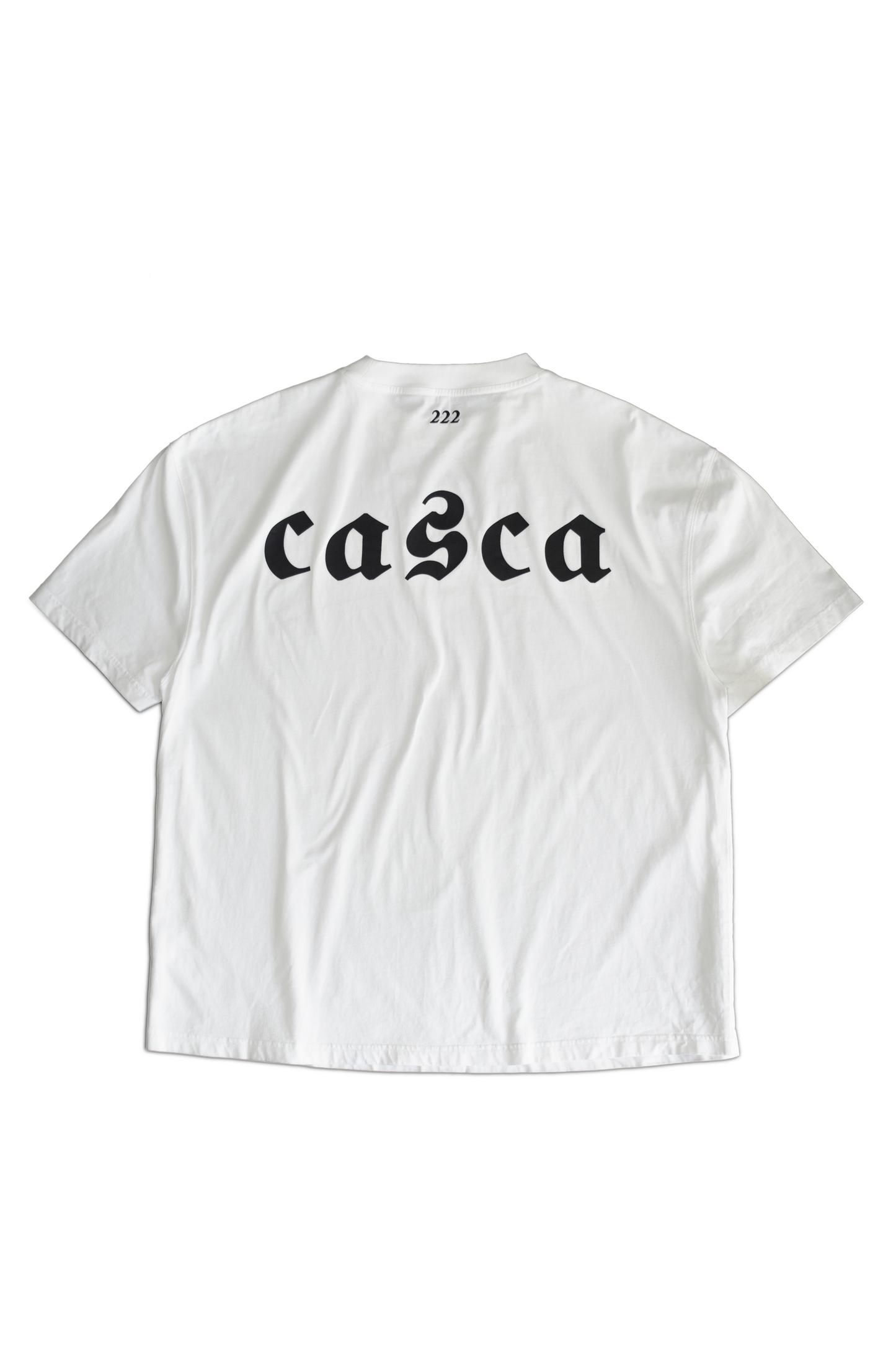 Oversized off-white t-shirt with casca printed logo on back, 222 embroidered on back. enfant riches deprimes, ERD, vintage, balenciaga, chrome hearts