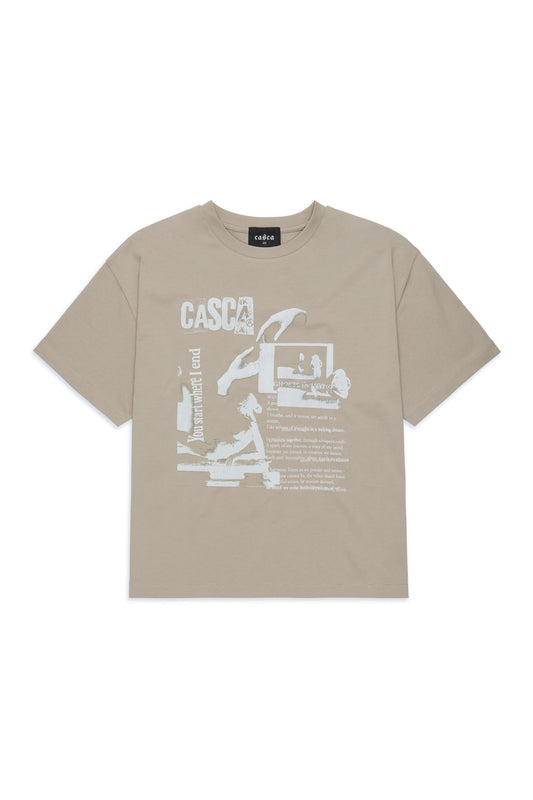 Beige t-shirt with graphic design and 'Casca' branding on a white background