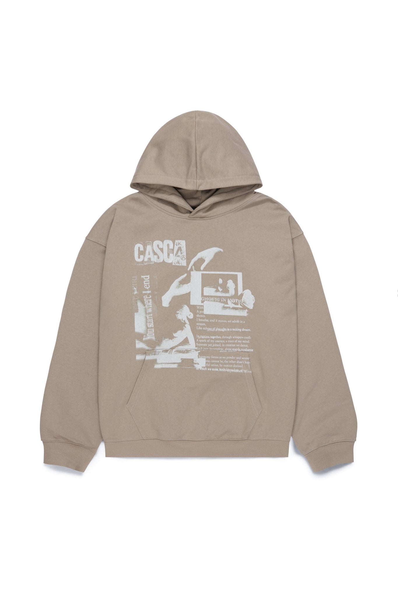 Beige hoodie with CASCA graphic design on a white background