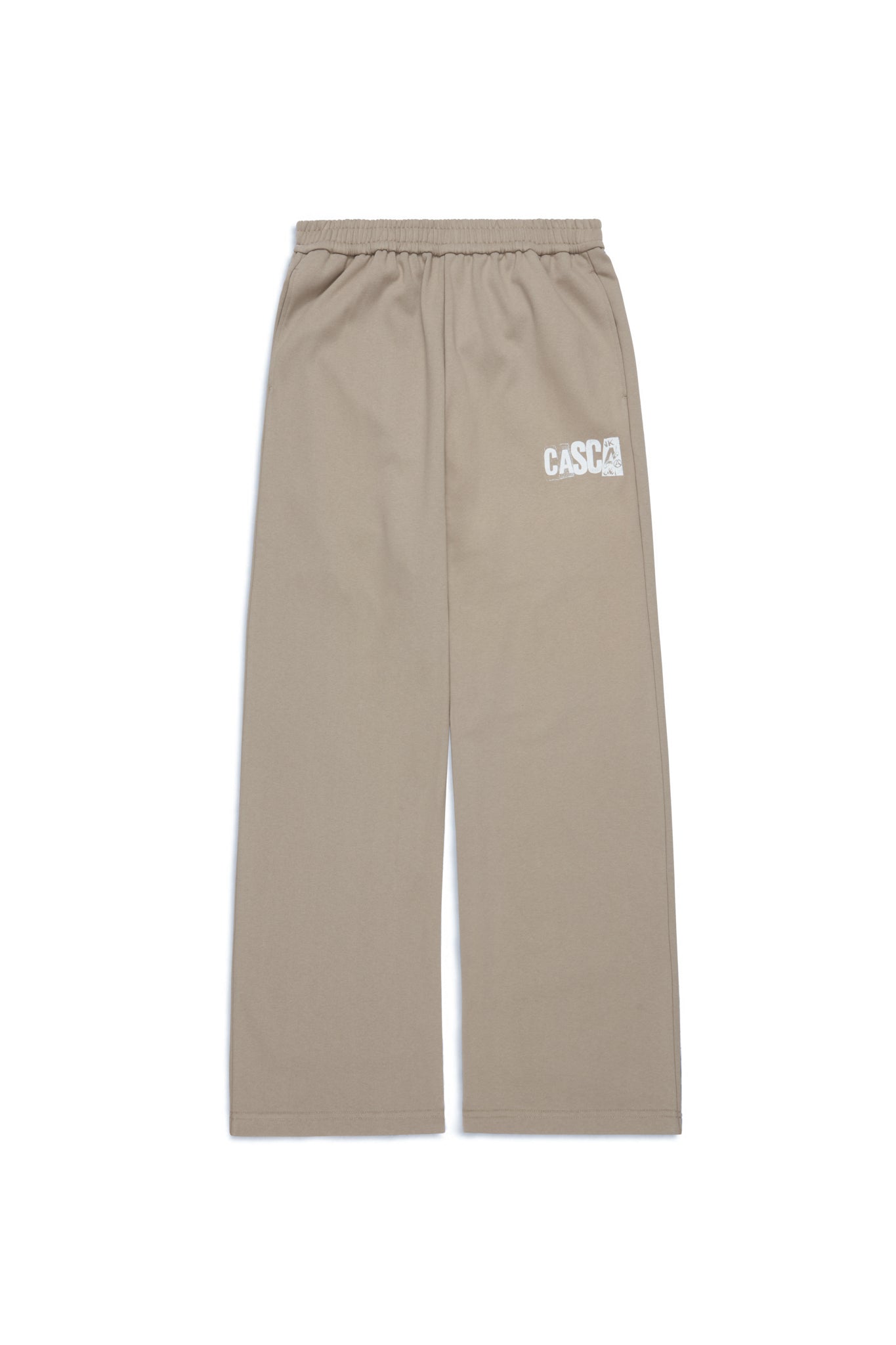 Beige straight leg baggy sweatpants with a casca 222 logo on a white background