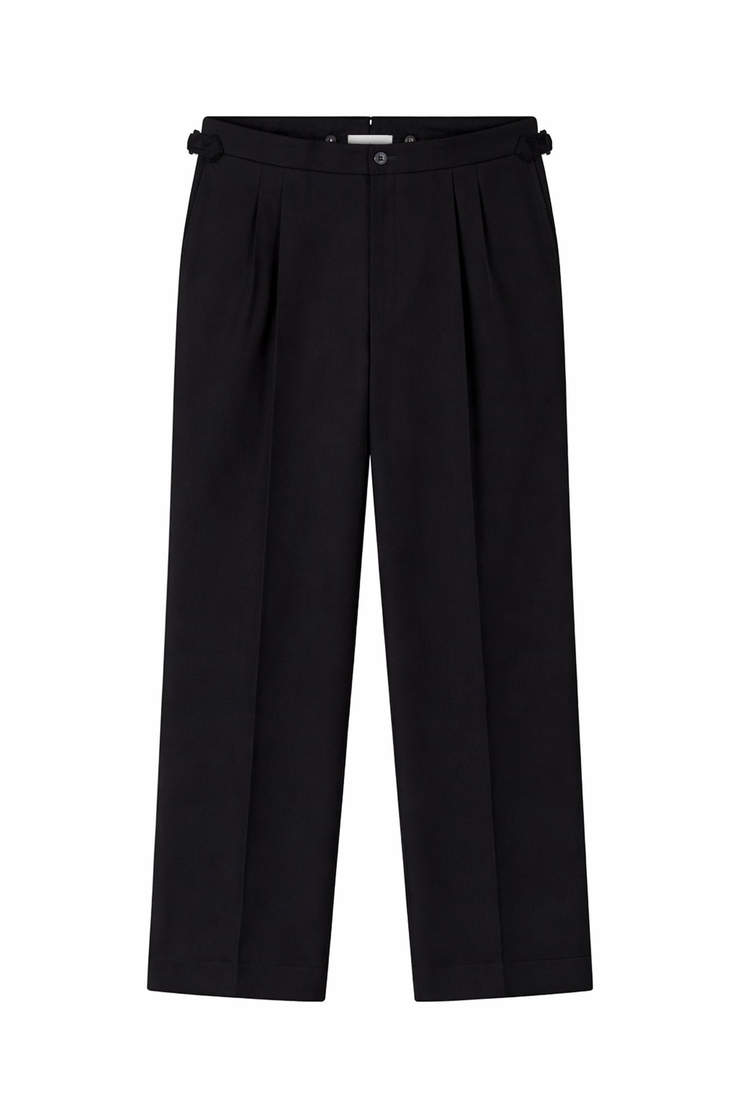 Black pleated wool trouser on a white background