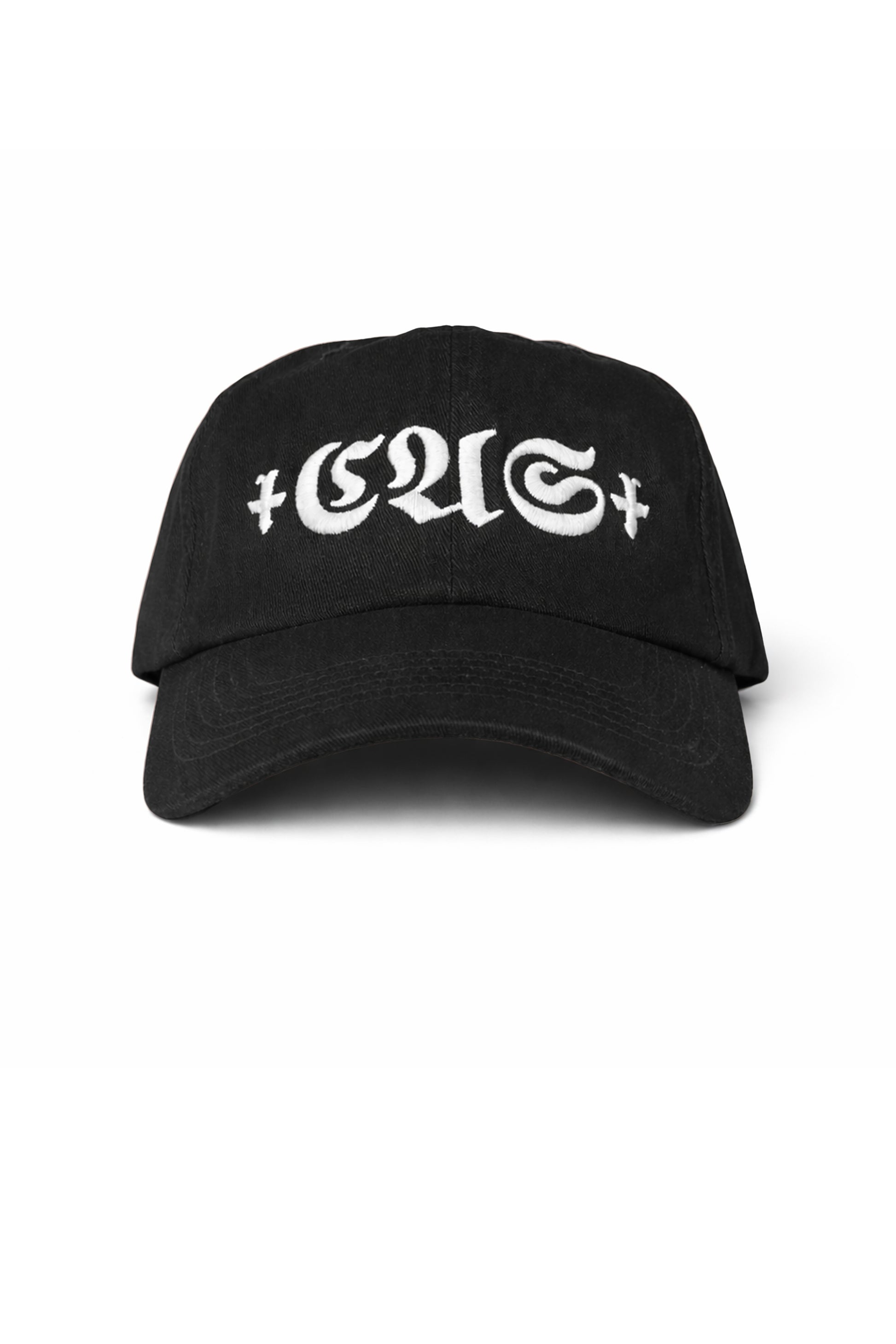 Black cap with white text on a white background