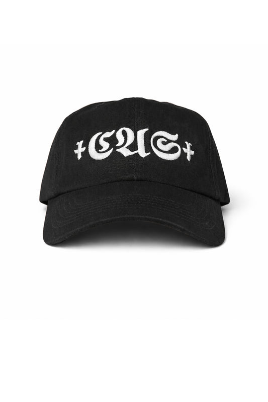 Black cap with white text on a white background
