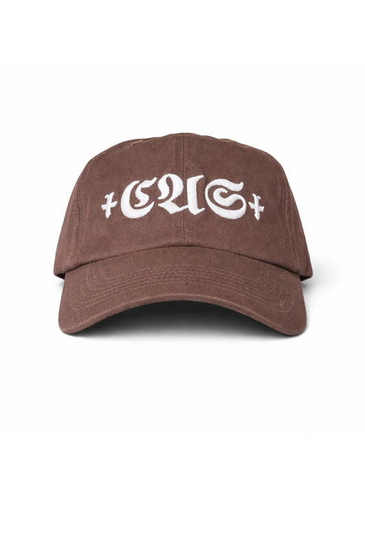Brown cap with white text on a white background