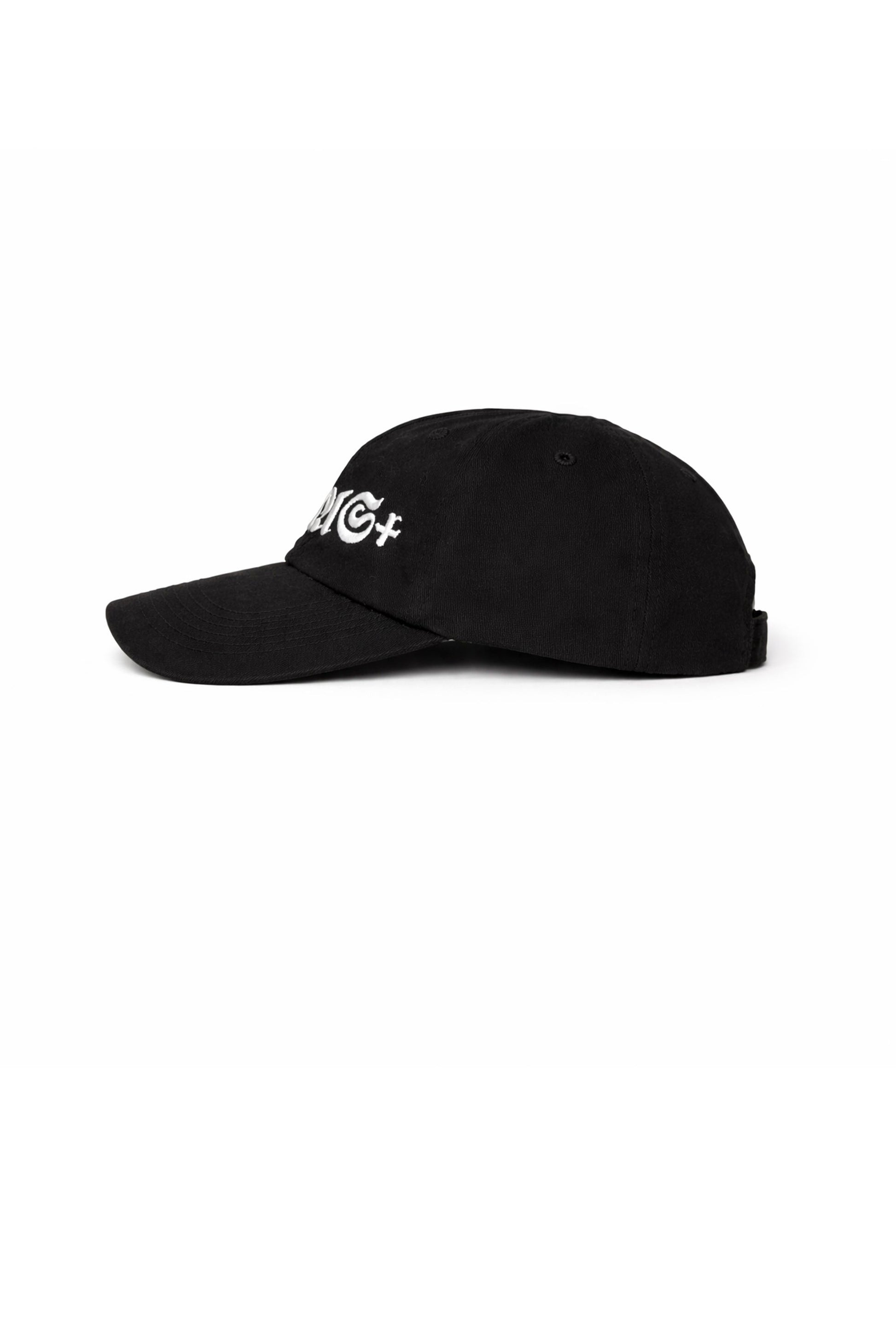 Black cap with white text on a white background