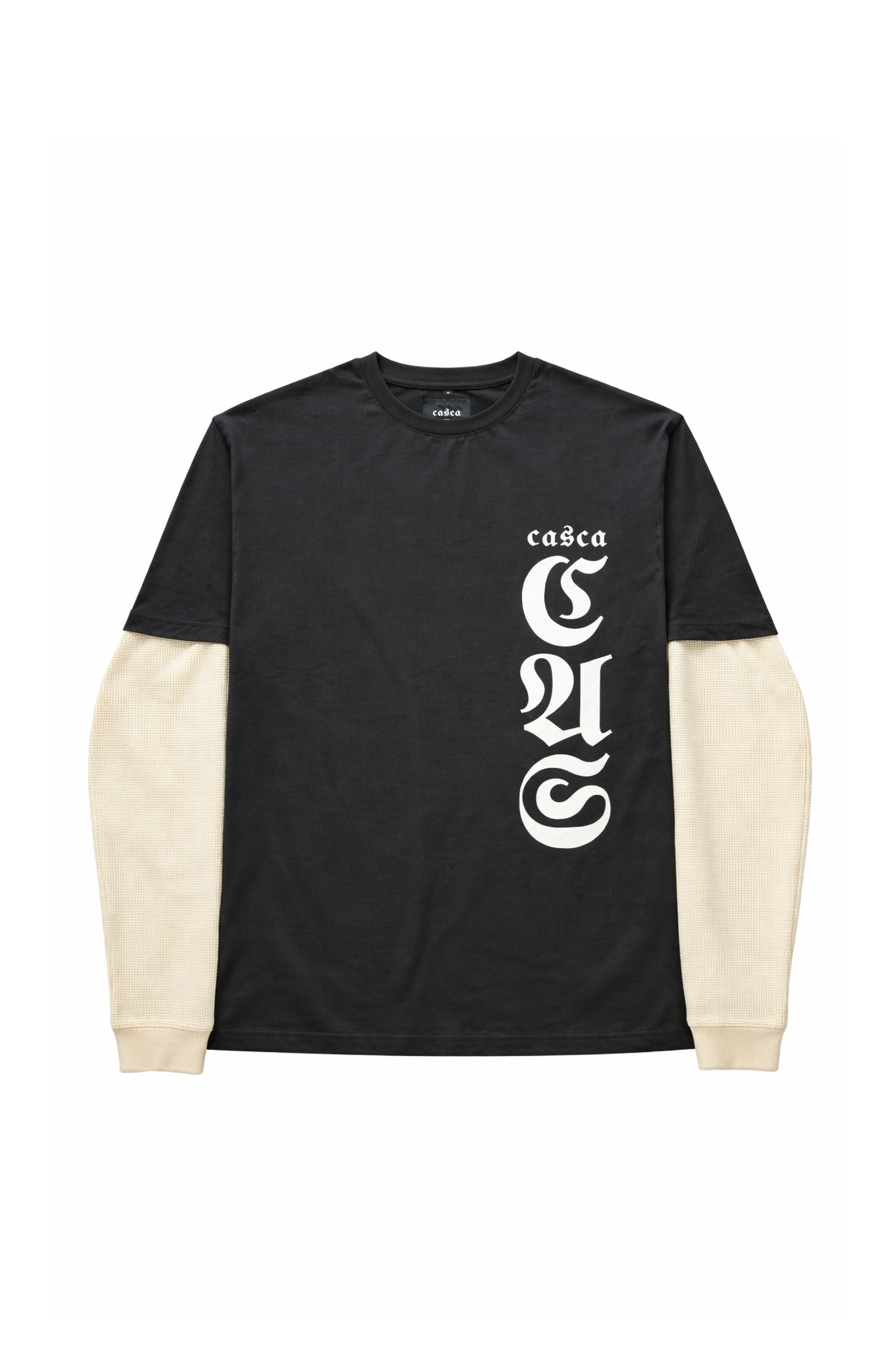 Black long-sleeve shirt with beige sleeves and 'casca' logo on a white background