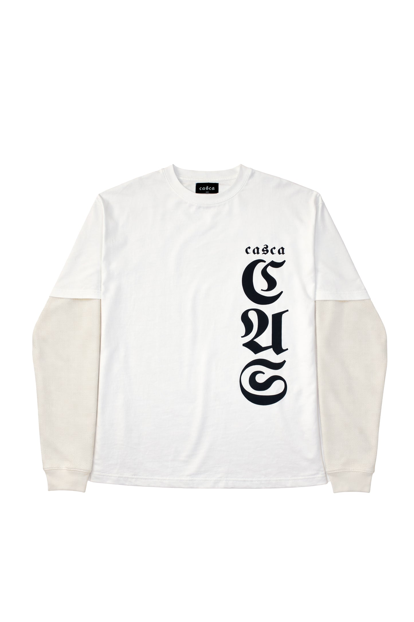 White long-sleeve shirt with black text on a white background