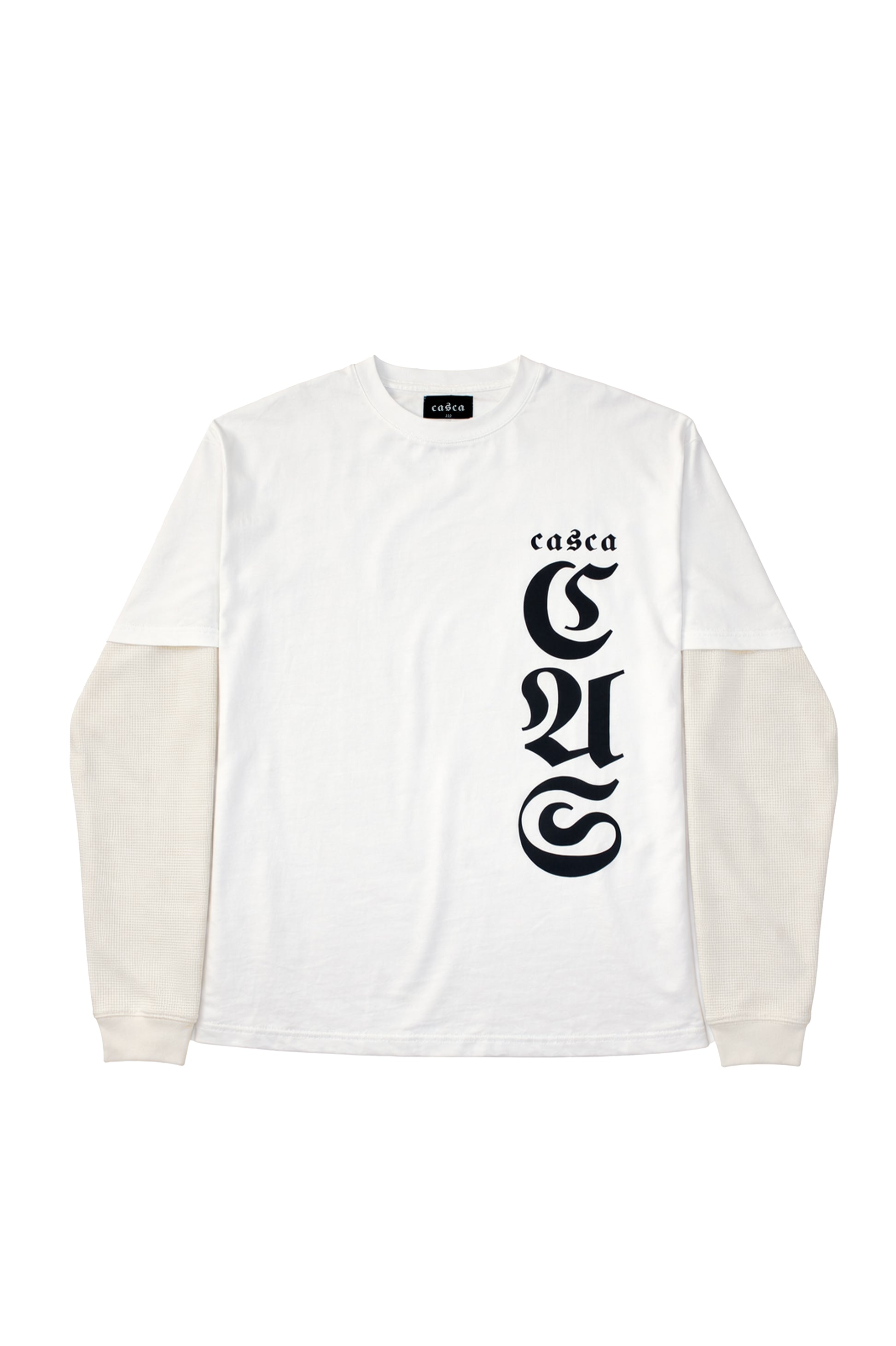 White long-sleeve shirt with black text on a white background