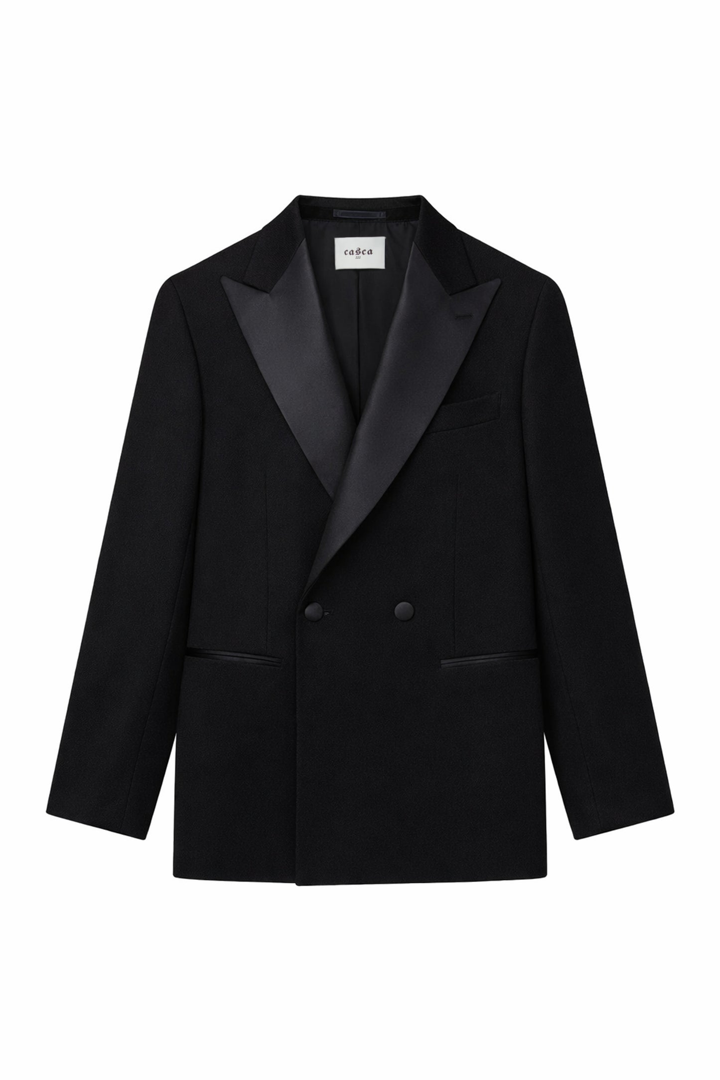 Black double breasted tuxedo jacket on a white background