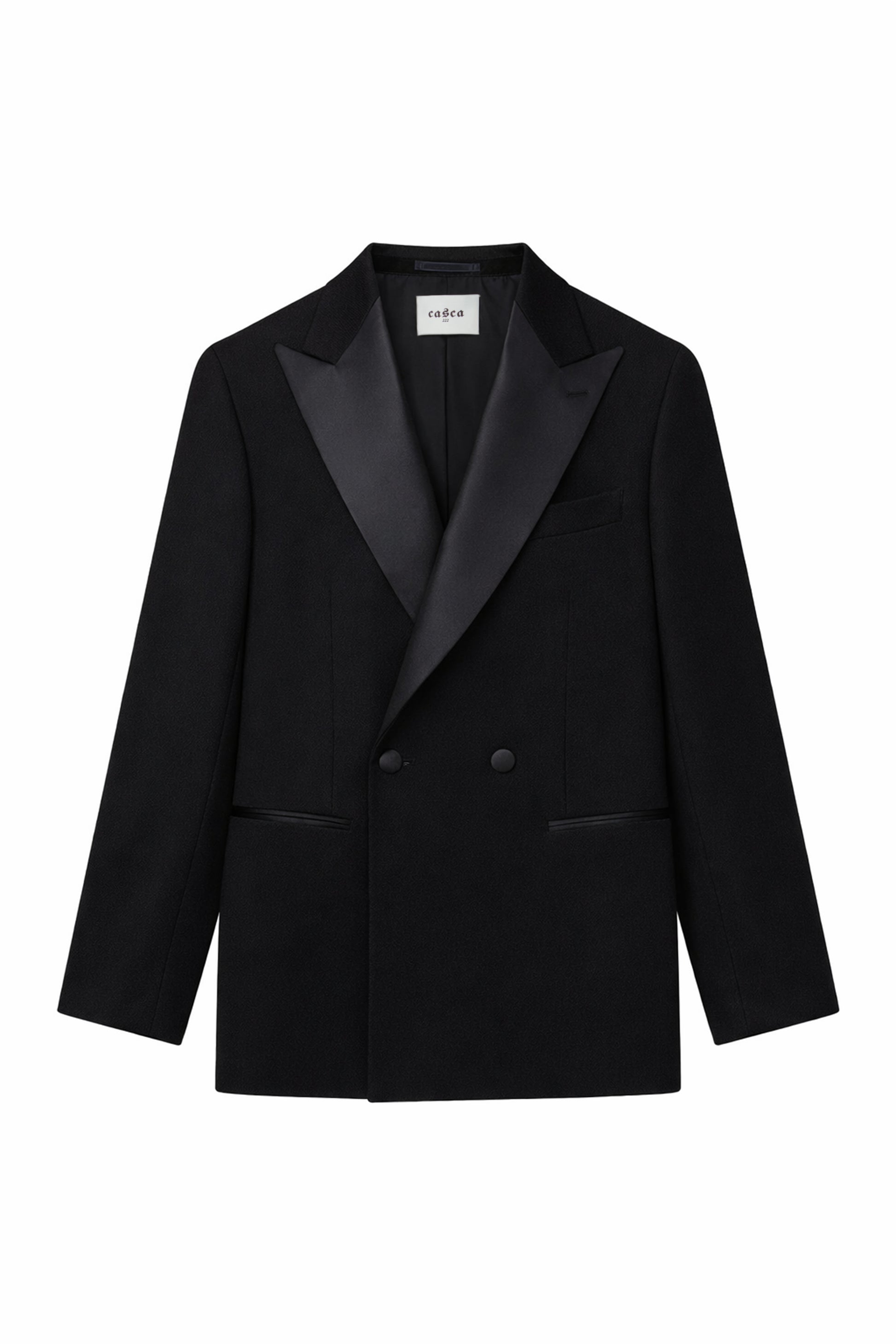 Black double breasted tuxedo jacket on a white background