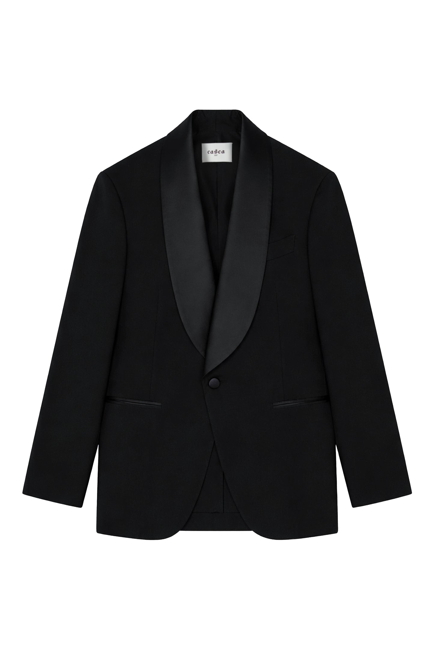 Black tuxedo jacket with shawl lapel on a white background