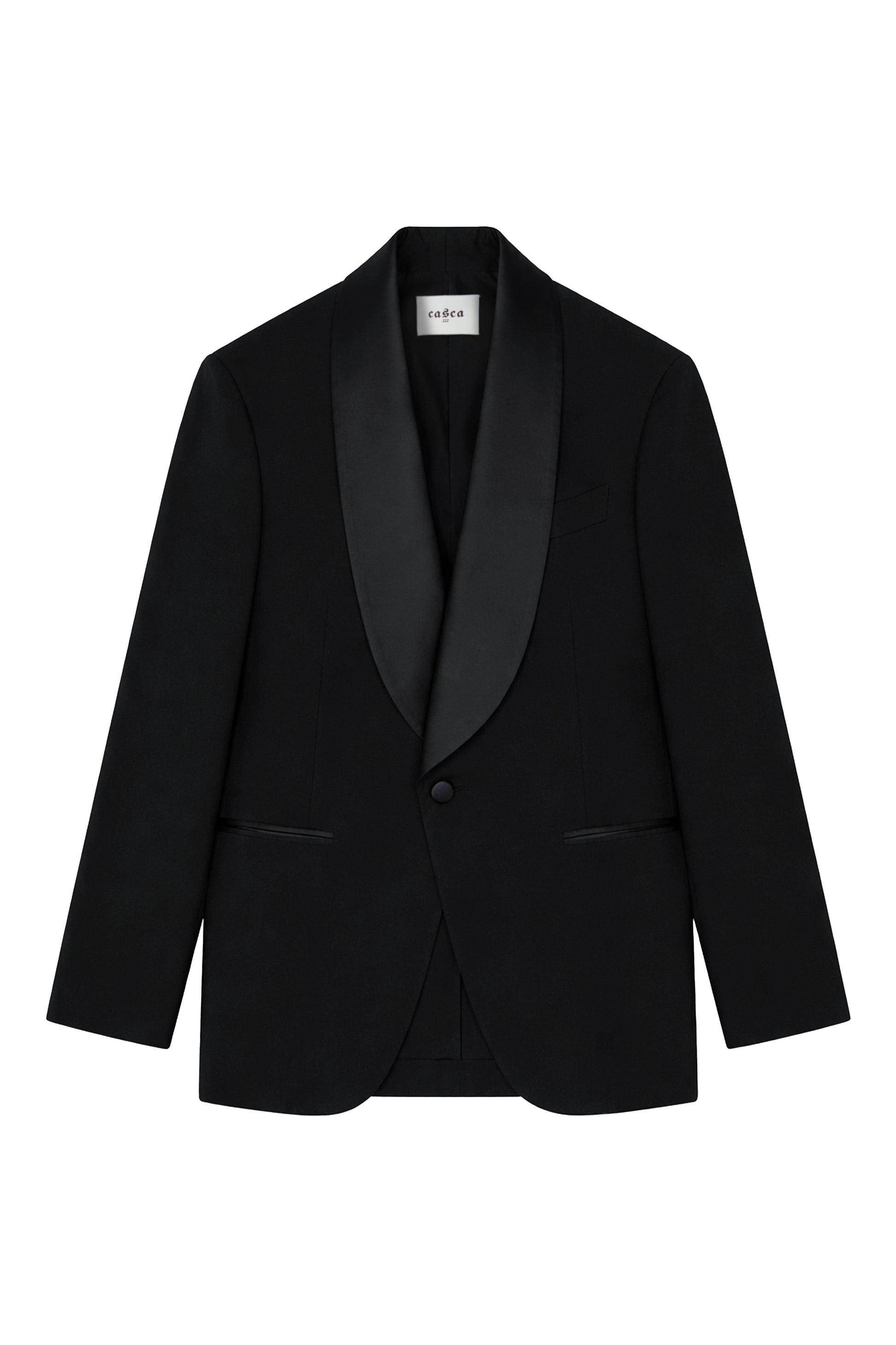 Black tuxedo jacket with shawl lapel on a white background